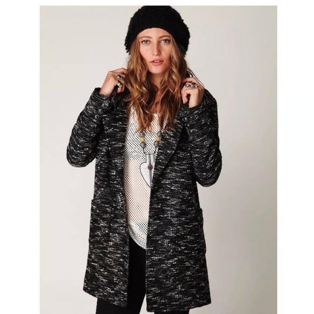 Free People Bouclé Textured Wool Blend Overcoat Jacket Black White Women M